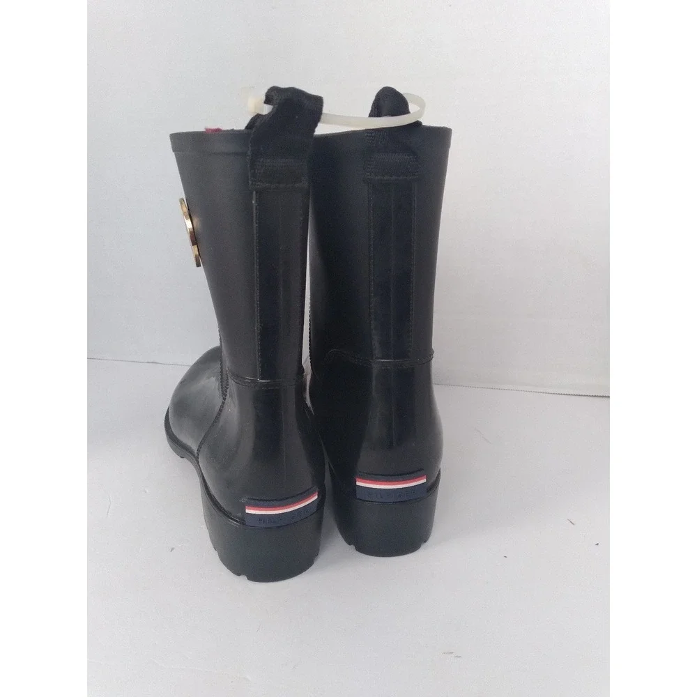 Tommy Hilfiger Womens Black Rubber Rain Boots Gold Logo Mid Calf Block Heel‎